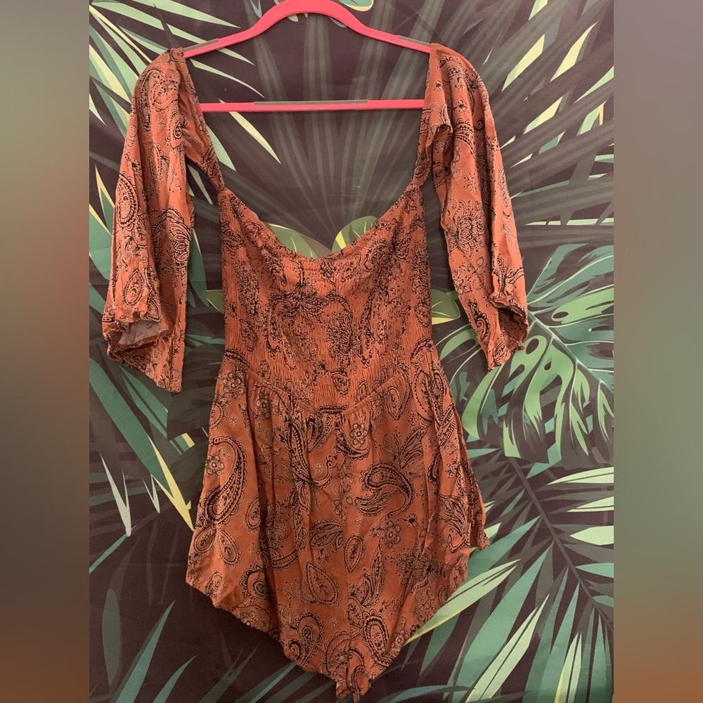 Tobi Long Sleeved Romper Paisley Pattern in Burnt Orange/Brown